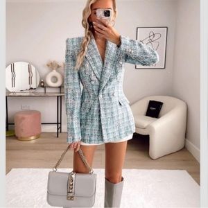 ZARA Balmain Style Tweed Textured Tailored Plaid Blazer Jacket L